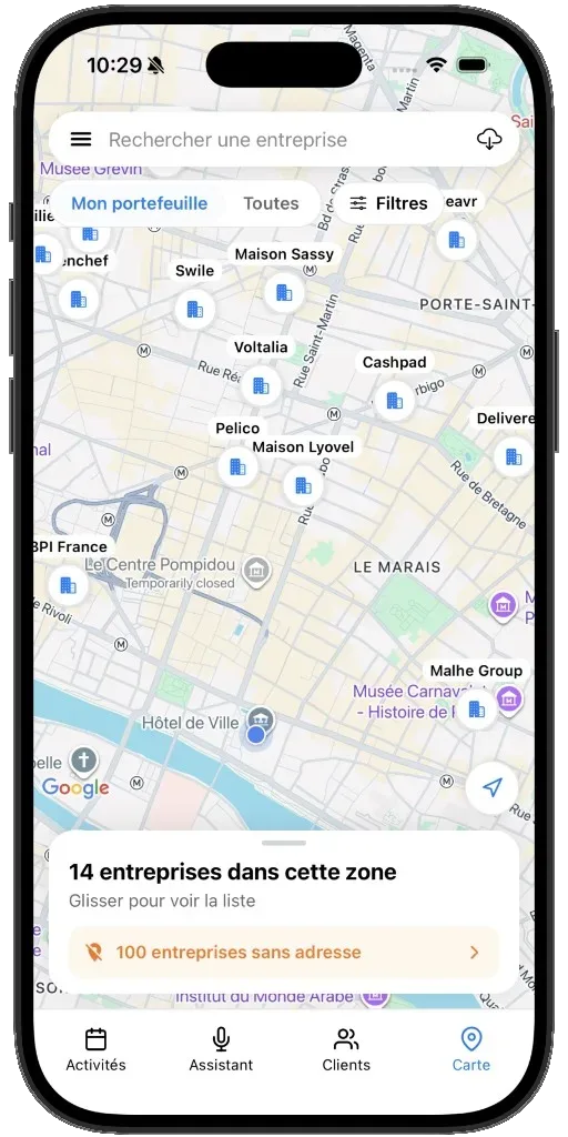 Carte des entreprises à visiter autour du commercial
