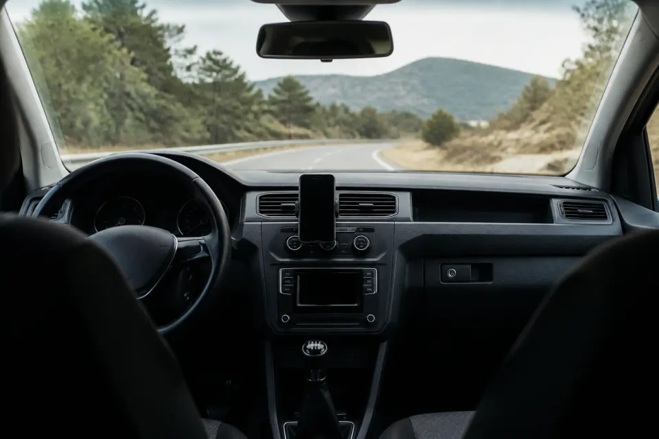 Intérieur d'une voiture avec un téléphone au tableau de bord